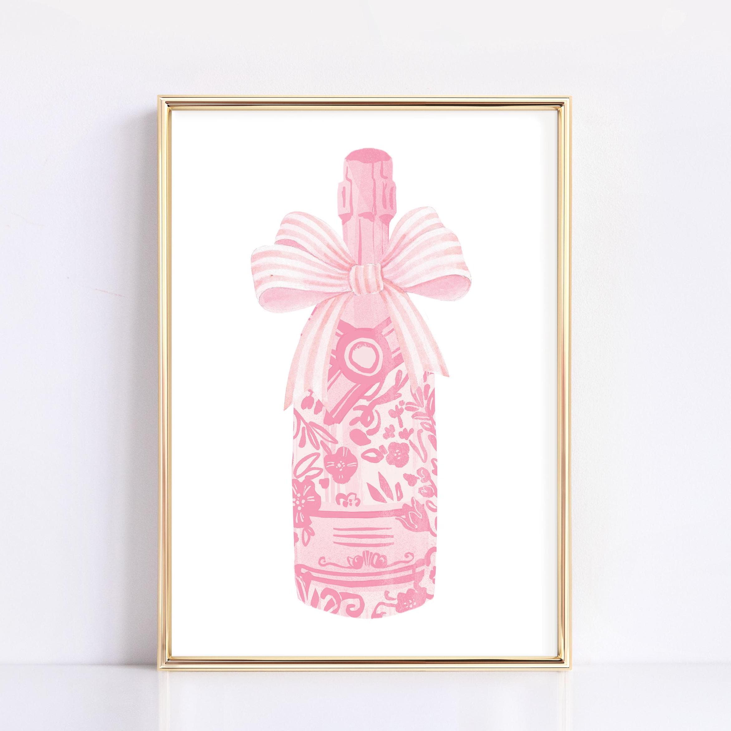 Pink Champagne Physical Print, Pink Bow Poster, Coquette Wall Art, Dorm Decor, Bar Cart Print Girly Decor, Aesthetic Wall Art Funky Wall Art