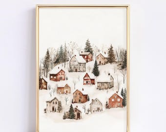 Christmas Winter Village Print Rustic Village Print Winter Scene Painting Christmas Wall Art Snow Landscape Winter Scene Digital Print