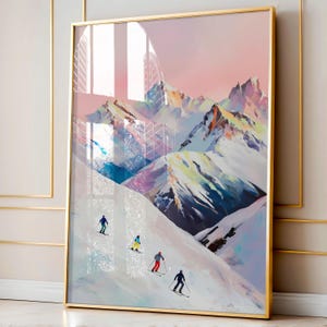 Peinture de ski, peinture à l'huile pastel, art mural hiver, affiche de ski imprimable, art mural imprimable automne, impression d'art montagne, décoration hivernale colorée