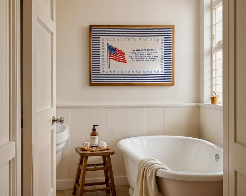 Pledge of Allegiance Print, Blue Stripe Americana Wall Art, Vintage Classroom Decor, Patriotic Poster, Homeschool Wall Art