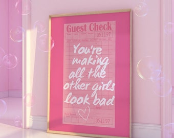 Guest Check Poster Prints, Pink Aesthetics Poster, Positive Affirmative Wall Art, Preppy Guest Check, Trendy Motivating Home Decor, Girly