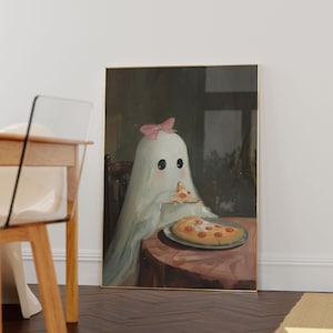 Girly Ghost with Ribbon Eating Pizza Funny Ghost Painting Cute Trendy Fall Decor Dark Academia Halloween Print Pink Bow Spookie Home Decor
