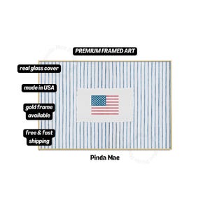 Quadro da parete con bandiera americana con cornice, stampa a righe blu e bianche, decorazione costiera americana, poster estetico per camera da letto, grazioso arredamento estivo per la casa