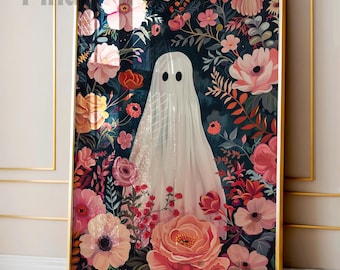 Spooky Ghost Pink Wildflower Print: Halloween Wall Art (Digital Download)
