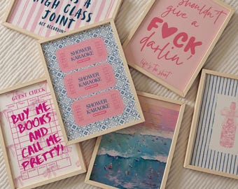 Pink Blue Preppy Art Prints, Dorm Gallery Wall Set (Digital Download)