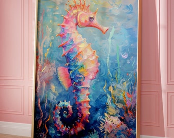 Sea Horse Painting Physical Print (Unframed), Nautical Art, Beachy Wall Art, Oceanic Art Print, Oceancore Poster, Colorful Marine Life Art