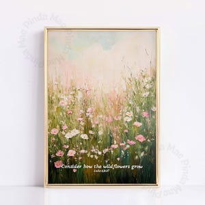 Impressão de citação bíblica de flores silvestres: arte de parede cristã rosa e verde (download digital)