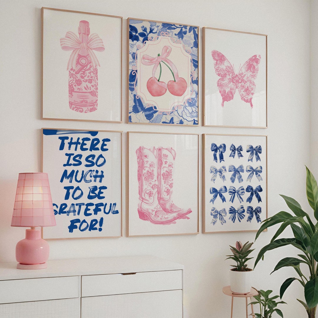 Blue and Pink Set of 6 Gallery Wall Art Trendy Navy Blue Dorm Decor ...