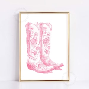 Stampa di stivali da cowboy rosa con acquerello, decorazione per cameretta per bambina con fiori vintage ad acquerello, decorazione estetica per appartamento, arte western, stampa cowgirl rosa