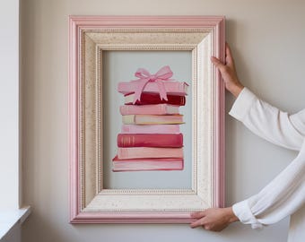 Pink Book Stack Art Print, Whimsical Reading Nook Decor