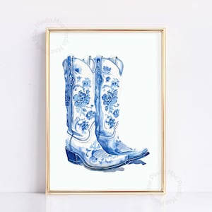 Stampa di stivali da cowboy in acquerello blu e bianco, decorazione murale con stivali da cowgirl estetica, decorazione murale cineserie, decorazione da sopra il letto, poster blu alla moda