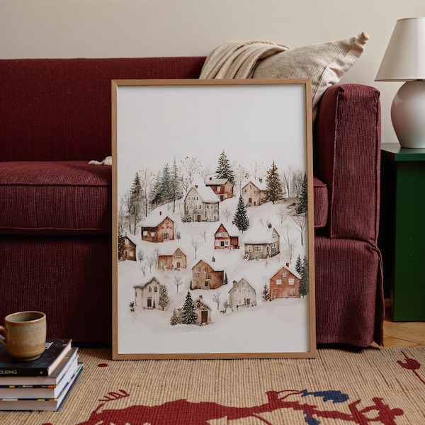 Christmas Village Print: Rustic Winter Scene, Scandinavian Art