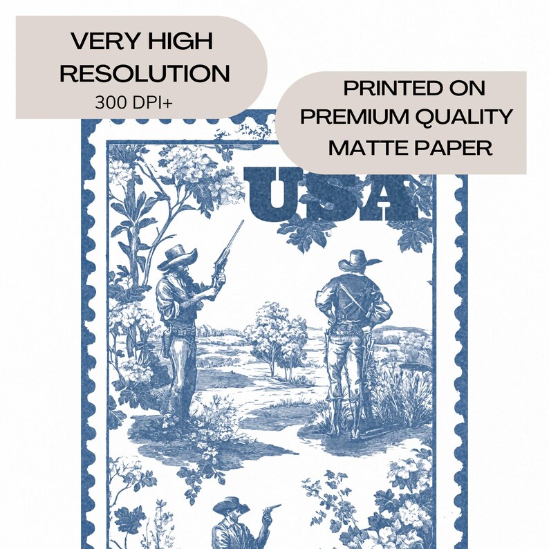 This blue cowboy stamp print blends vintage Americana with trendy western style. Featuring a retro toile-inspired design, it's perfect for cute dorm rooms, wild west-themed spaces, or eclectic home decor with a bold, nostalgic twist.