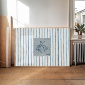 Vintage Cowboy Wall Art, Blue Stripes Horse Poster, Blue White Western Art Print, Vintage Stripes Painting, Horizontal Cowgirl Wall Art