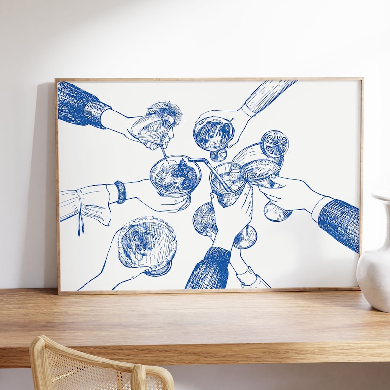 Blue Cheers Print Physical Bar Cart Poster Cocktail Wall Decor Trendy Kitchen Poster Bar Sign, Kitchen Bar Wall Art Blue Apartment Decor