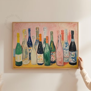 May include: A framed painting featuring a collection of wine bottles in various colors and designs. The bottles are arranged on a yellow surface against a pink background. The artwork is in a wooden frame.