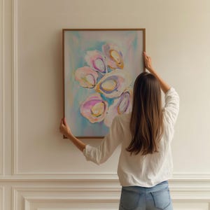 Pastel Oysters Painting, Pink Blue Oysters Wall Art, Aesthetic Apartment Decor, Colorful Ocean Poster, Coastal Wall Art, Beachy Art Print