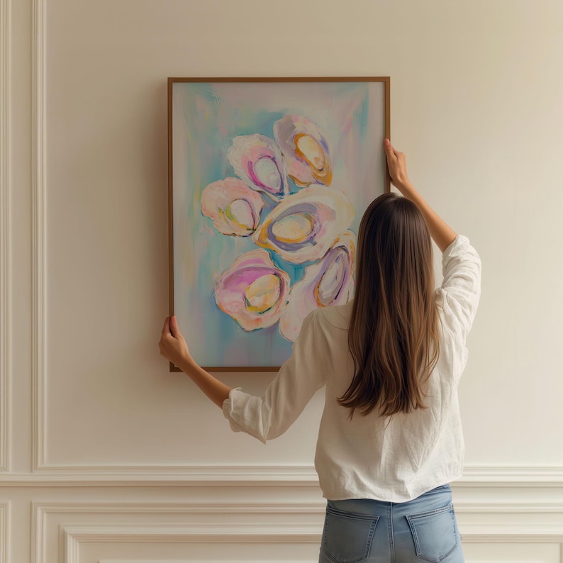 Pastel Oysters Painting, Pink Blue Oysters Wall Art, Aesthetic Apartment Decor, Colorful Ocean Poster, Coastal Wall Art, Beachy Art Print
