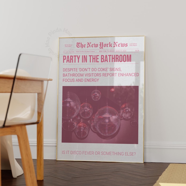 Disco Poster Pink, Trendy Don't Do Coke Newspaper Print, Funny News Headline Wall Art, Aesthetic Apartment Decor, College Dorm