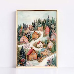 Rustikales Bauerndorf Gemälde, süßes Wohndekor, bunte Häuser mit Blumen, Sommer Wandkunst, Bauernhaus Wanddekoration, Landschaftsdruck