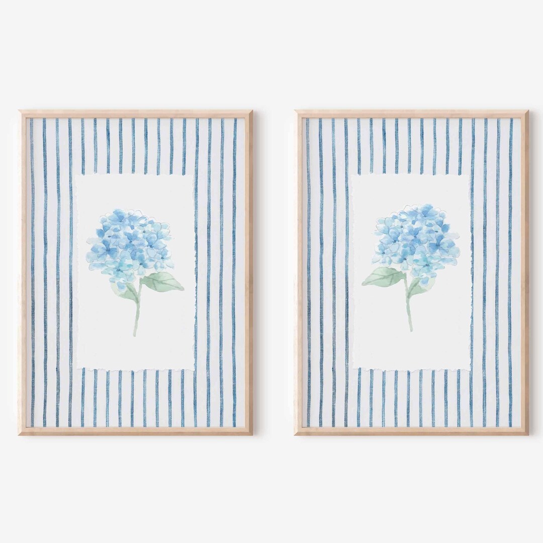 Blue Striped Hydrangea Wall Art Set of 2, Botanical Floral Print Set ...