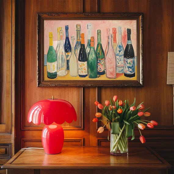 Mid Century Wine Print: Colorful Bar Cart Art, Kitchen Poster
