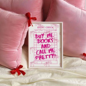 Lámina de arte de pared con temática de libros, póster rosa "Cómprame libros", decoración para sala de lectura femenina, arte de pared con frase preppy, lámina estética y bonita para dormitorio, lazos rosas