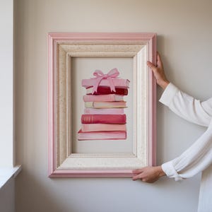 Coquette Book Stack Print: Pink Bow, Pastel Decor (Digital Download)