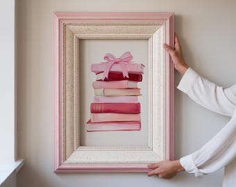 Coquette Book Wall Art – Digital Download, Pink Bow Stack of Books Poster, Printable Art for Dorm or Book Lovers, Pastel Coquette Decor