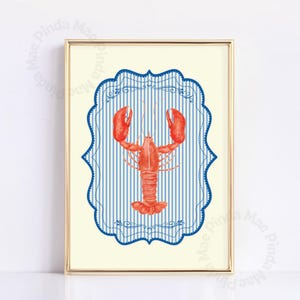 Vintage Striped Lobster Print, Aesthetic Coastal Kitchen Wall Art, Colorful Ocean Poster, Nautical Beach House Decor, Retro Trendy Kitchen