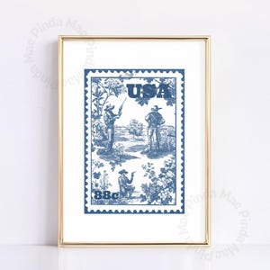 Blauer Cowboy Stempeldruck, Americana Wandkunst, Blauer Toile Western Kunstdruck, Trendy Vintage Wohnkultur, Retro Wildwest Dekor, niedliches Wohnheim Dekor
