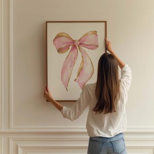 Pink And Gold Bow Wall Art, Watercolor Pink Gold Glitter Bow Print, Pink Nursery Wall Decor, Girls Room Decor, Trendy Wall Art, Cute Art