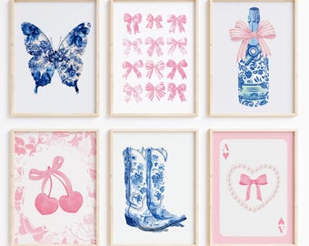 Láminas de arte de pared preppy en rosa y azul, juego de 6
