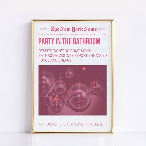 Please Don't Do Coke In The Bathroom Pink Newspaper Physical Print Funny Wall Art Trendy Retro Print Preppy Prints Disco Art Funky Decor