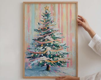Pastel Christmas Tree Print: Retro Pink Holiday Wall Decor