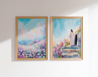 Set of 2 Christian Easter Prints, He is Risen Wall Art, Colorful Jesus Art Prints, Pastel Lds Paintings, Easter Story Wall Art, Pink Christ