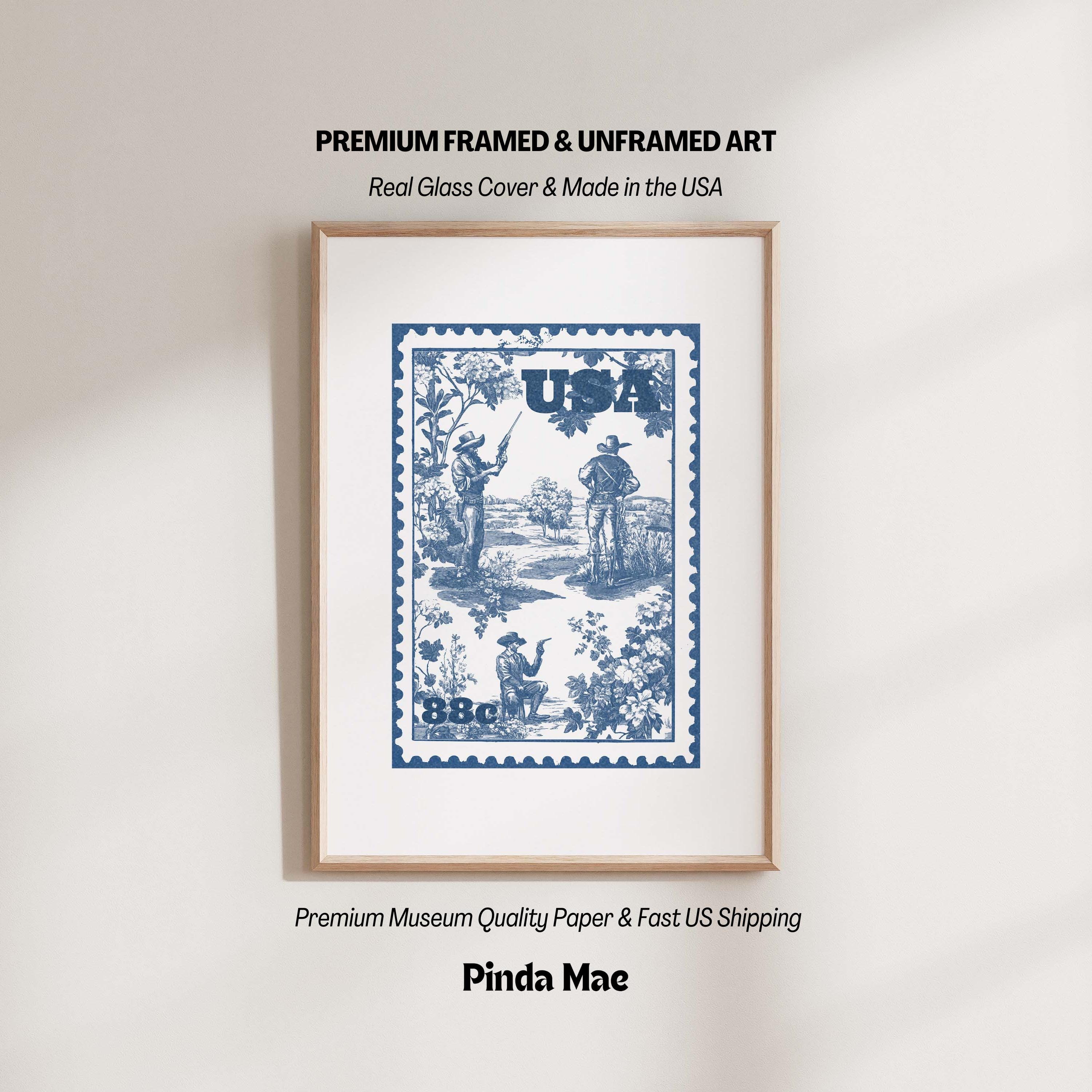 Blue Cowboy Stamp Print: Vintage Americana Western Wall Art