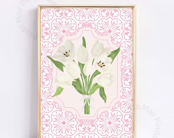 Lámina botánica floral rosa: Decoración de pared con flores de primavera (descarga digital)