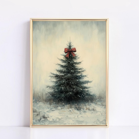 リボン付きクリスマスツリーの絵画：雰囲気のあるホリデーウォール