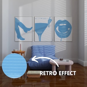 3-częściowy zestaw retro jasnoniebieskich 3 nadruków Estetyczny niebieski wystrój akademika Jasnoniebieski i biały Modna sztuka ścienna Retro wystrój akademika Preppy