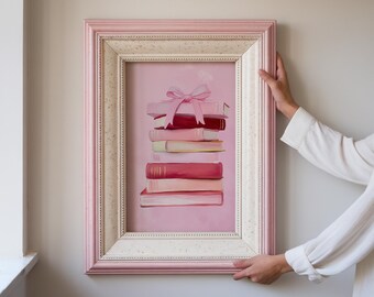Book Stack Wall Print, Pink Bow Poster, Coquette Dorm Decor, Feminine College Dorm Art, Book Lover Gift, Aesthetic Reading Room Picture