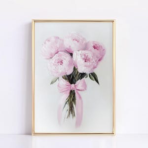 Pink Peonies with Bow Painting, Pink Bow Wall Art, Nursery Wall Decor, Neutral Wall Art, Floral Art Print, Pink Flowers Wall Art, Aesthetic