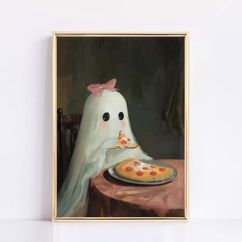 Girly Ghost with Ribbon Eating Pizza Funny Ghost Painting Cute Trendy Fall Decor Dark Academia Halloween Print Pink Bow Spookie Home Decor