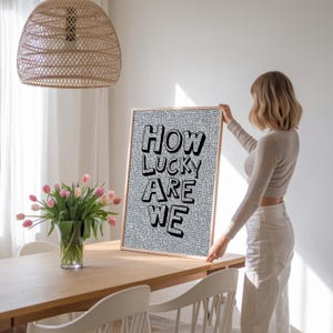 How Lucky Are We Print, Newspaper Art, Trendy Aesthetic Home Decor, Cute Positive Quote Gift, Girly Wall Art, Dorm Preppy Inspiring Decor
