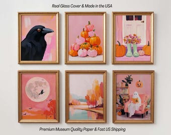 Pastel Halloween Wall Art Prints: Funny Ghost, Witch, Pumpkin - Set of 6
