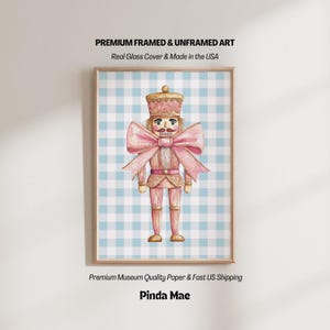 Pastel Pink Nutcracker Print, Christmas Wall Art, Blue Gingham Holiday Decor, Cute Winter Art, Whimsical Pastel Christmas Decoration