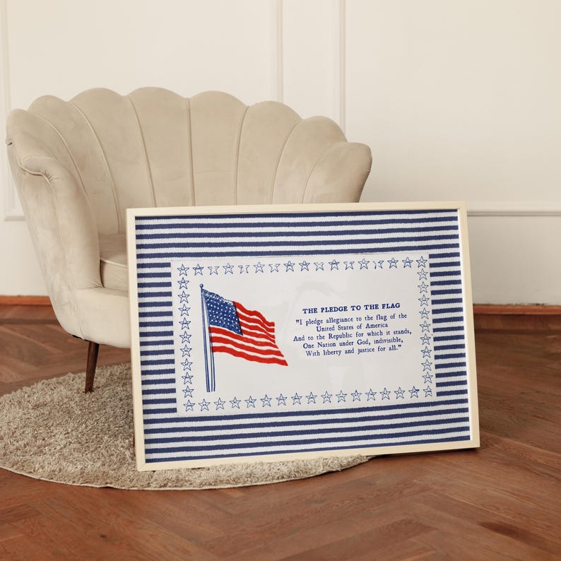 Pledge of Allegiance Print, Blue Stripe Americana Wall Art, Vintage Classroom Decor, Patriotic Poster, Homeschool Wall Art