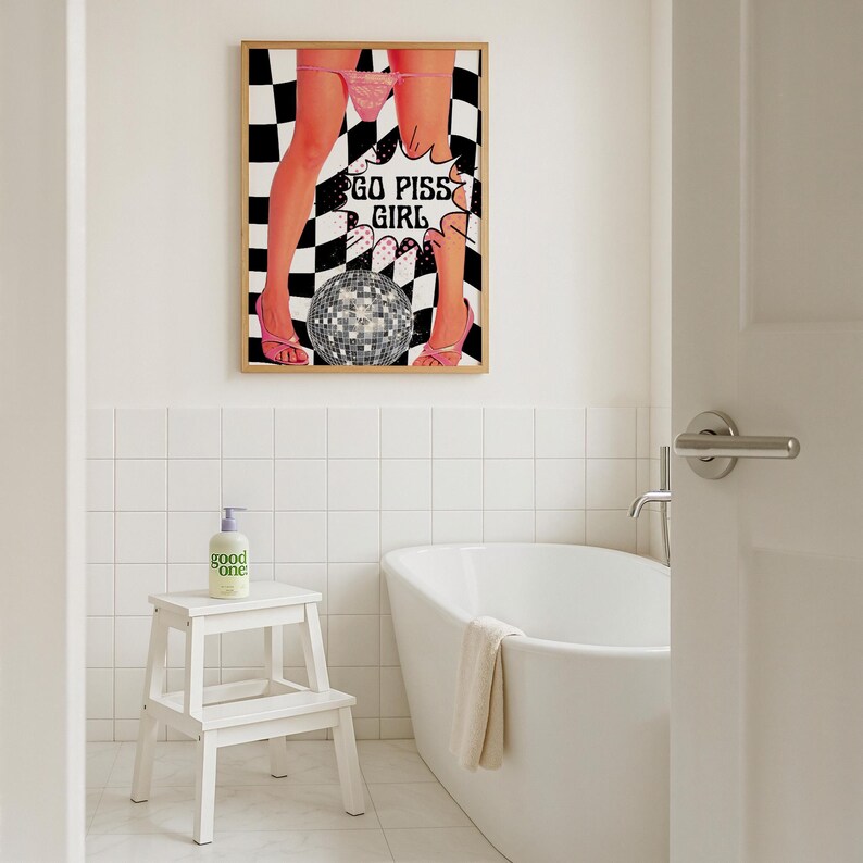 Go Piss Girl Funny Bathroom Print, Pop Art Wall Art, Printable Art Bathroom, Aesthetic Room Decoration, Disco Art Prints, Trendy Wall Art
