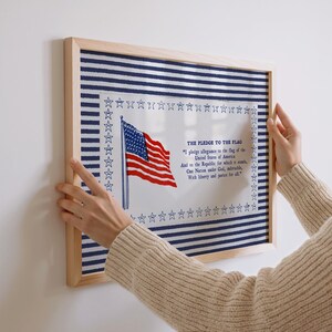 Pledge of Allegiance Print, Blue Stripe Americana Wall Art, Vintage Classroom Decor, Patriotic Poster, Homeschool Wall Art
