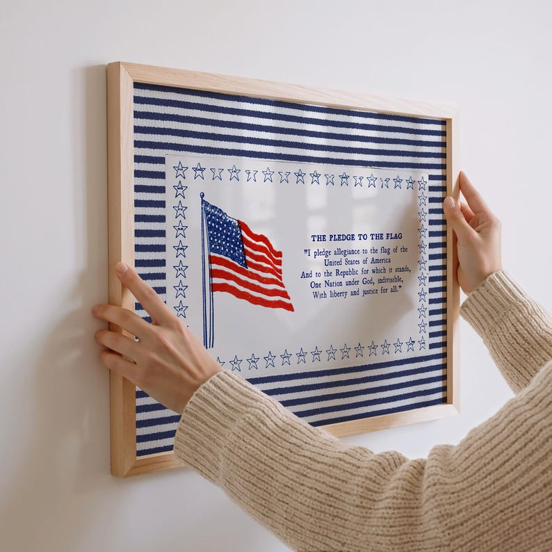 Pledge of Allegiance Print, Blue Stripe Americana Wall Art, Vintage Classroom Decor, Patriotic Poster, Homeschool Wall Art